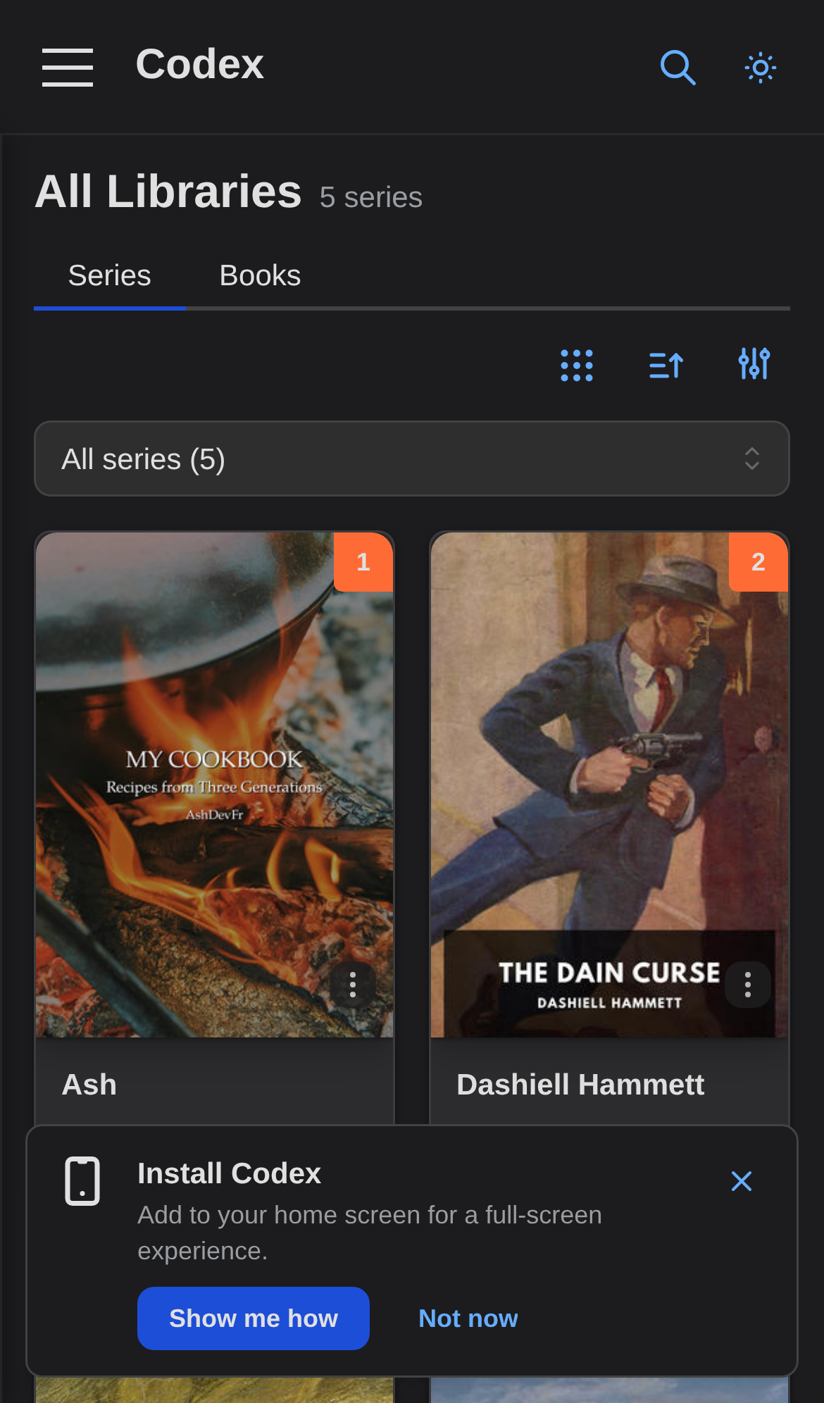 Series list on mobile with the Install Codex prompt